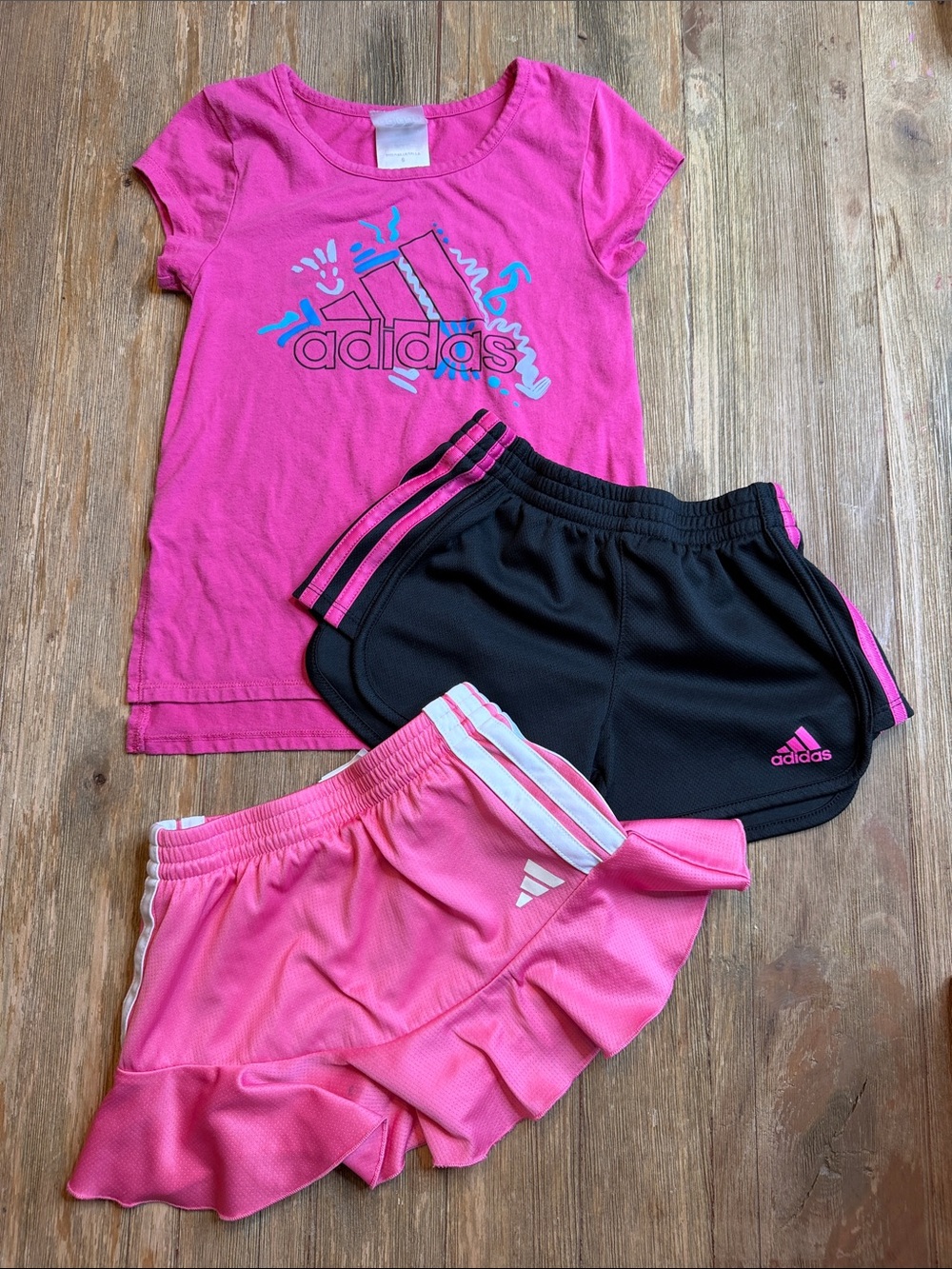 adidas Girls Pink Tee with Black & Pink Athletic Shorts Skort set